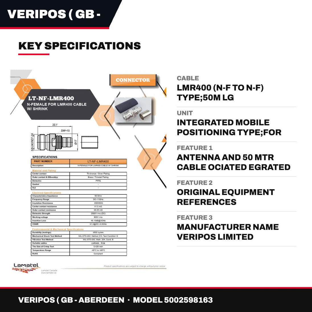 Veripos ( Gb - Aberdeen 5002598163 – Cable – Lmr400 (N-F To N-F) Type, 50M Lg