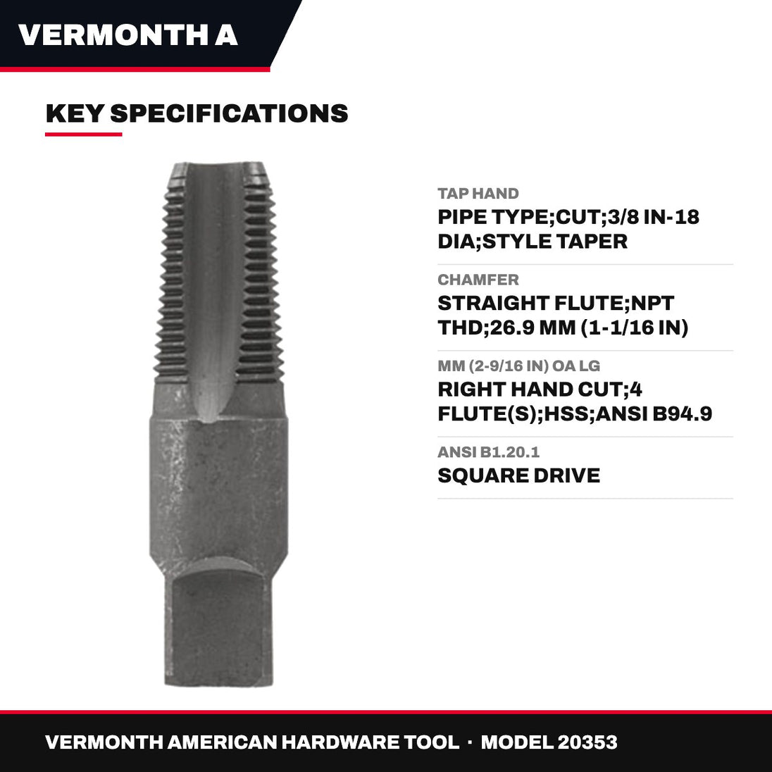 Vermonth American Hardware Tool 20353 – Tap Hand – Pipe Type, Cut