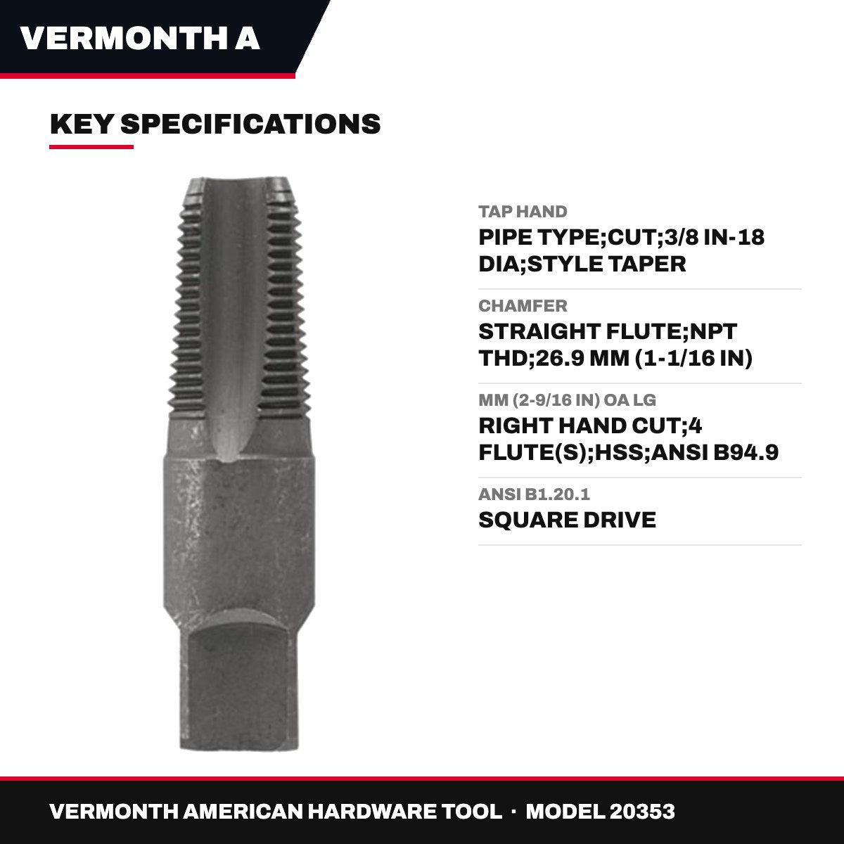 Vermonth American Hardware Tool 20353 – Tap Hand – Pipe Type, Cut