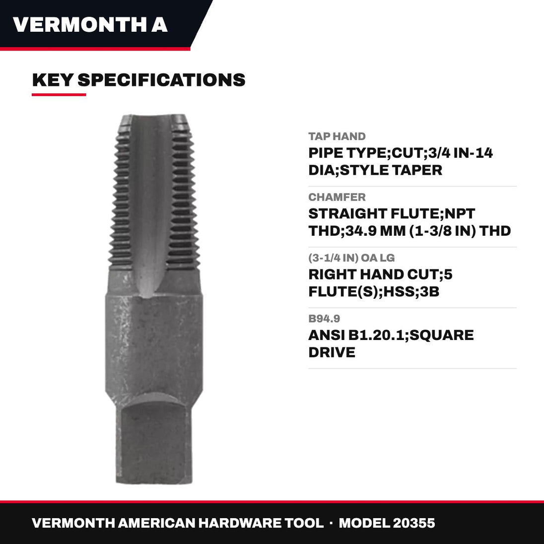 Vermonth American Hardware Tool 20355 – Tap Hand – Pipe Type, Cut