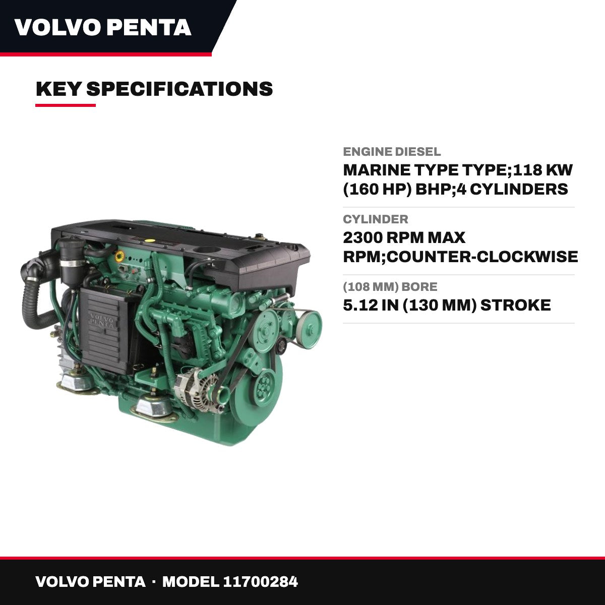 Volvo Penta 11700284 – Engine Diesel – Marine Type Type, 118 Kw (160 Hp) Bhp