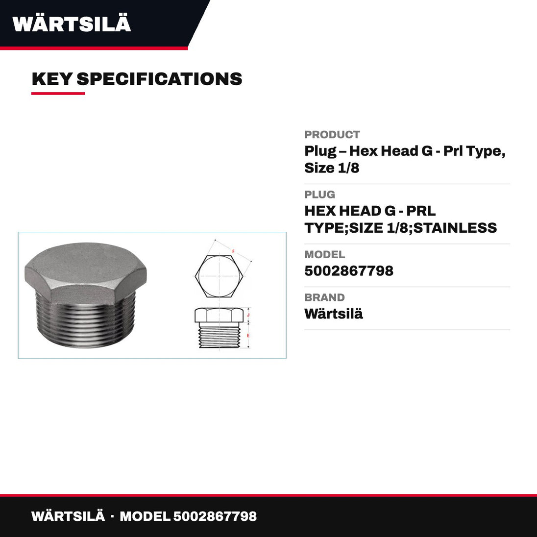 Wärtsilä – Plug, Hex Head G, Prl, Size 1/8