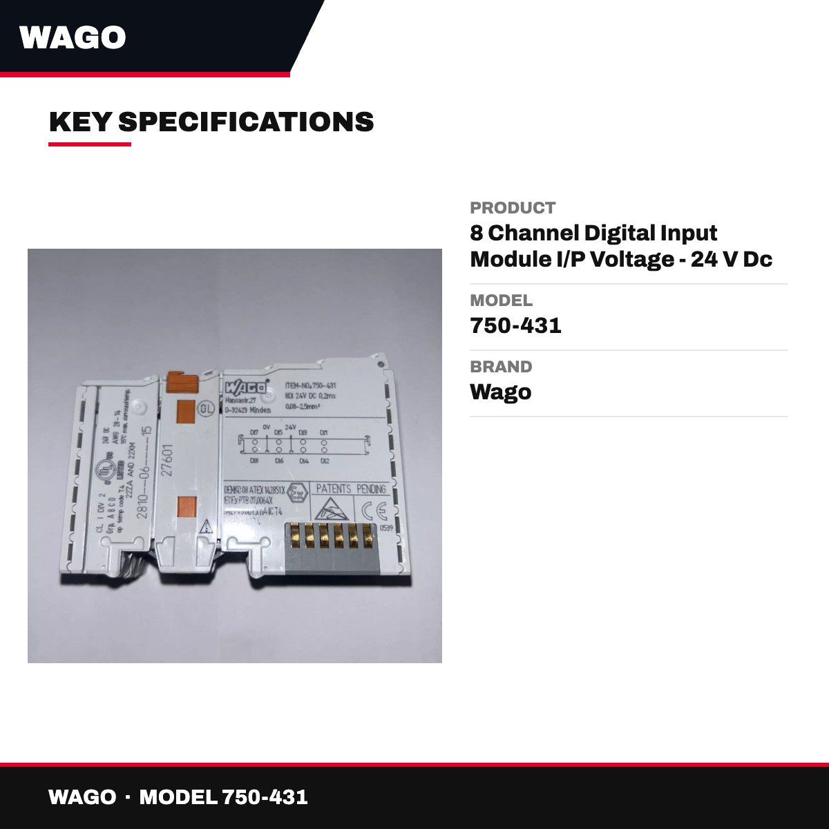 Wago 750-431 – 8 Channel Digital Input Module I/P Voltage - 24 V Dc I/P Connection - 1 Conductor Switching - High Side (Posit