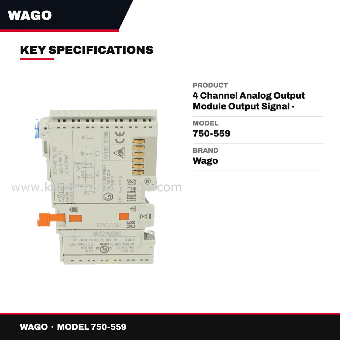 Wago 750-559 – 4 Channel Analog Output Module Output Signal - 0-10Vdc Resolution - 12Bit Connection - 4*2Wire Load Impedance
