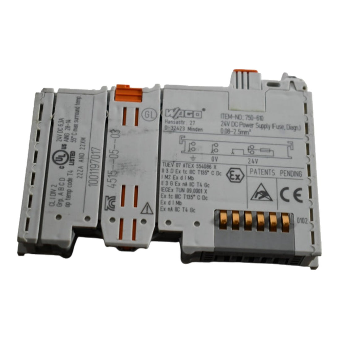Wago 750-610 – 24Vdc Supply Module Max Current - 6.3A Fuse – 5*20Mm