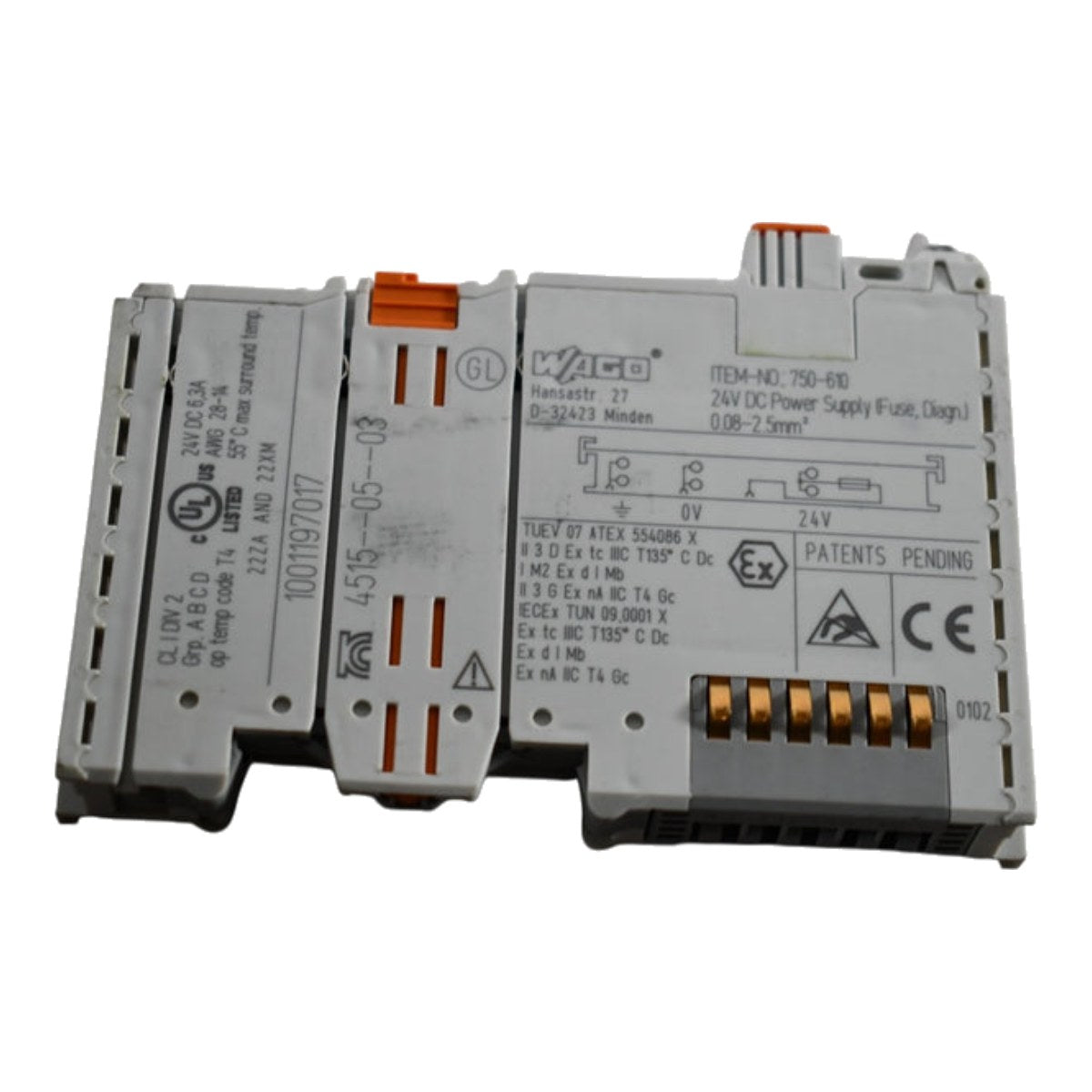 Wago 750-610 – 24Vdc Supply Module Max Current - 6.3A Fuse – 5*20Mm